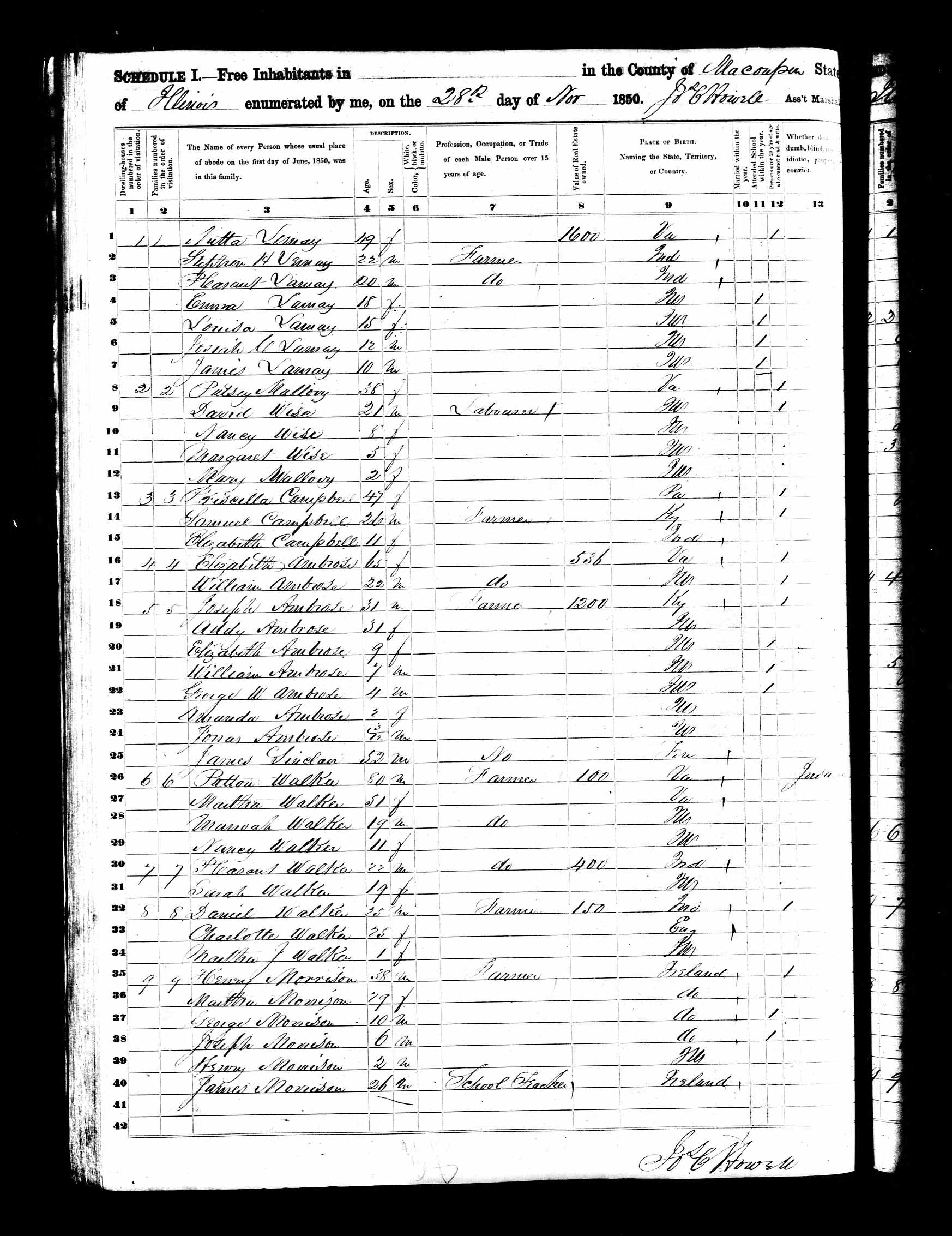 Patton/Peyton Walker, 1850 Macoupin County, Illinois, census