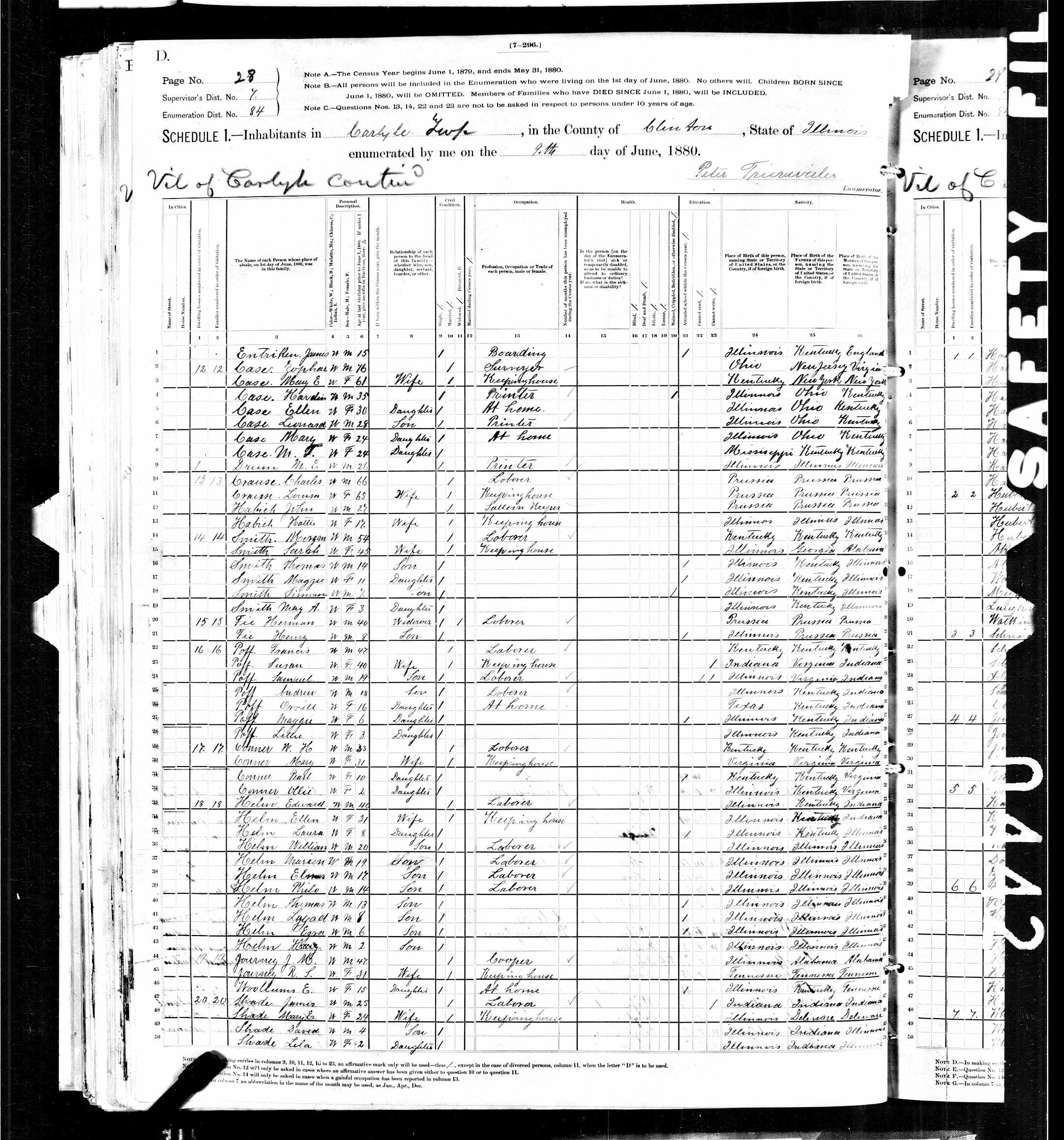 John M. Journey and wife Ritha S. (Walker) Woollums Journey, 1880 Clinton County, Illinois, census