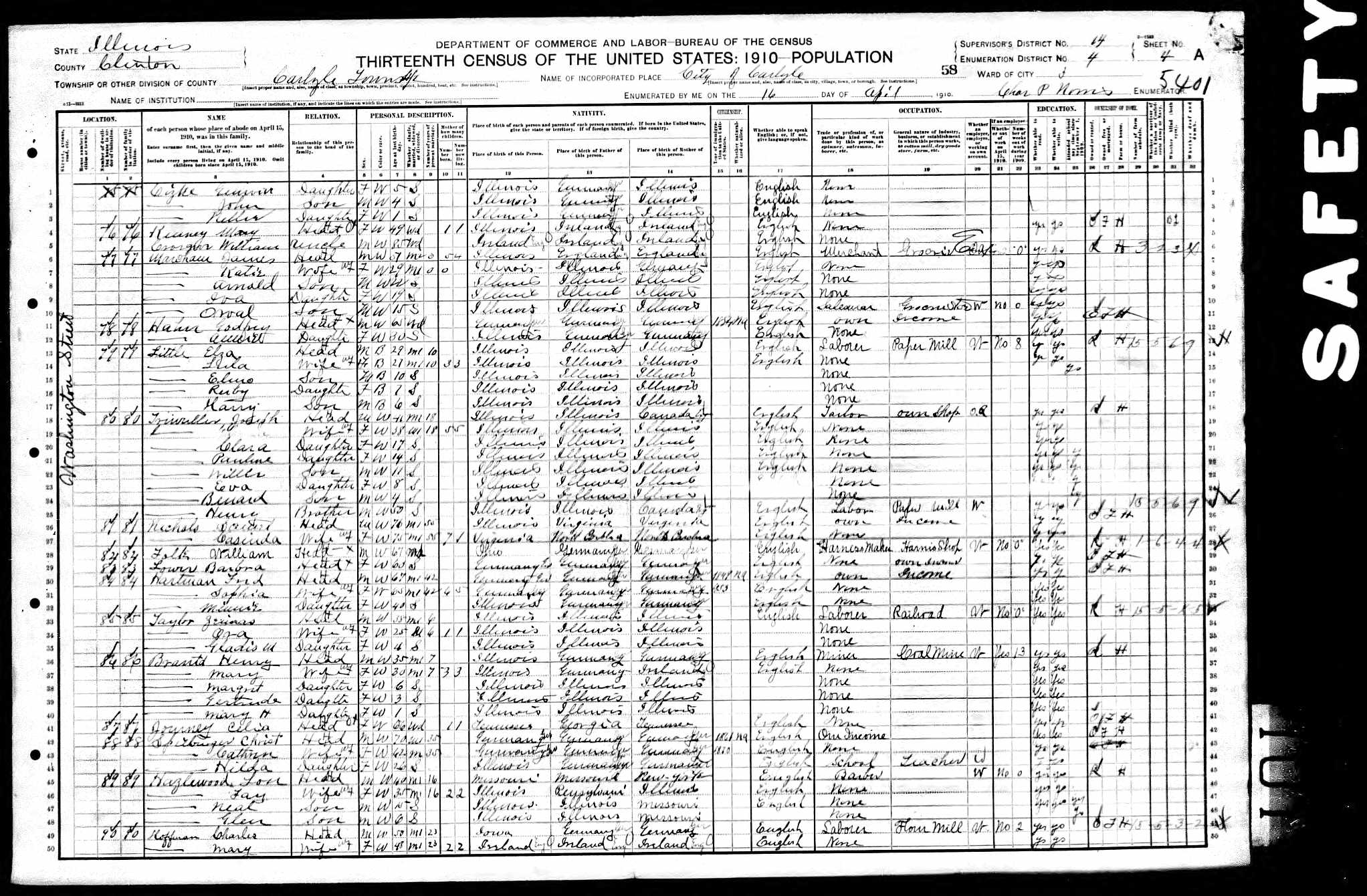 Ritha S. (Walker) Woollums Journey, 1910 Clinton County, Illinois, census