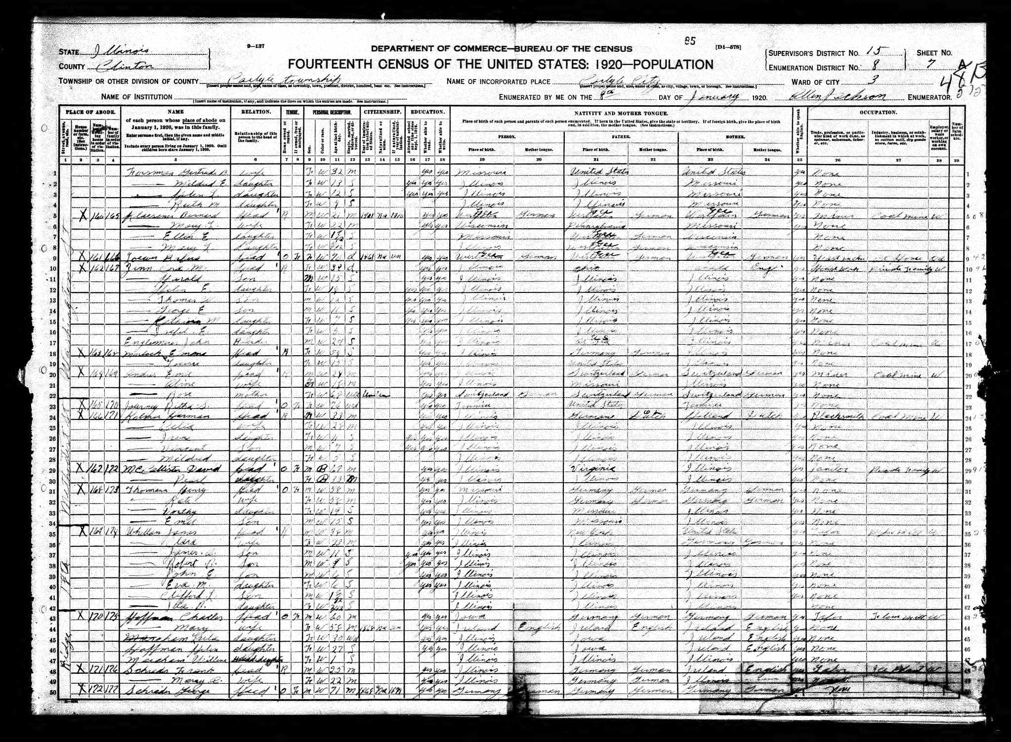 Ritha S. (Walker) Woollums Journey, 1920 Clinton County, Illinois, census