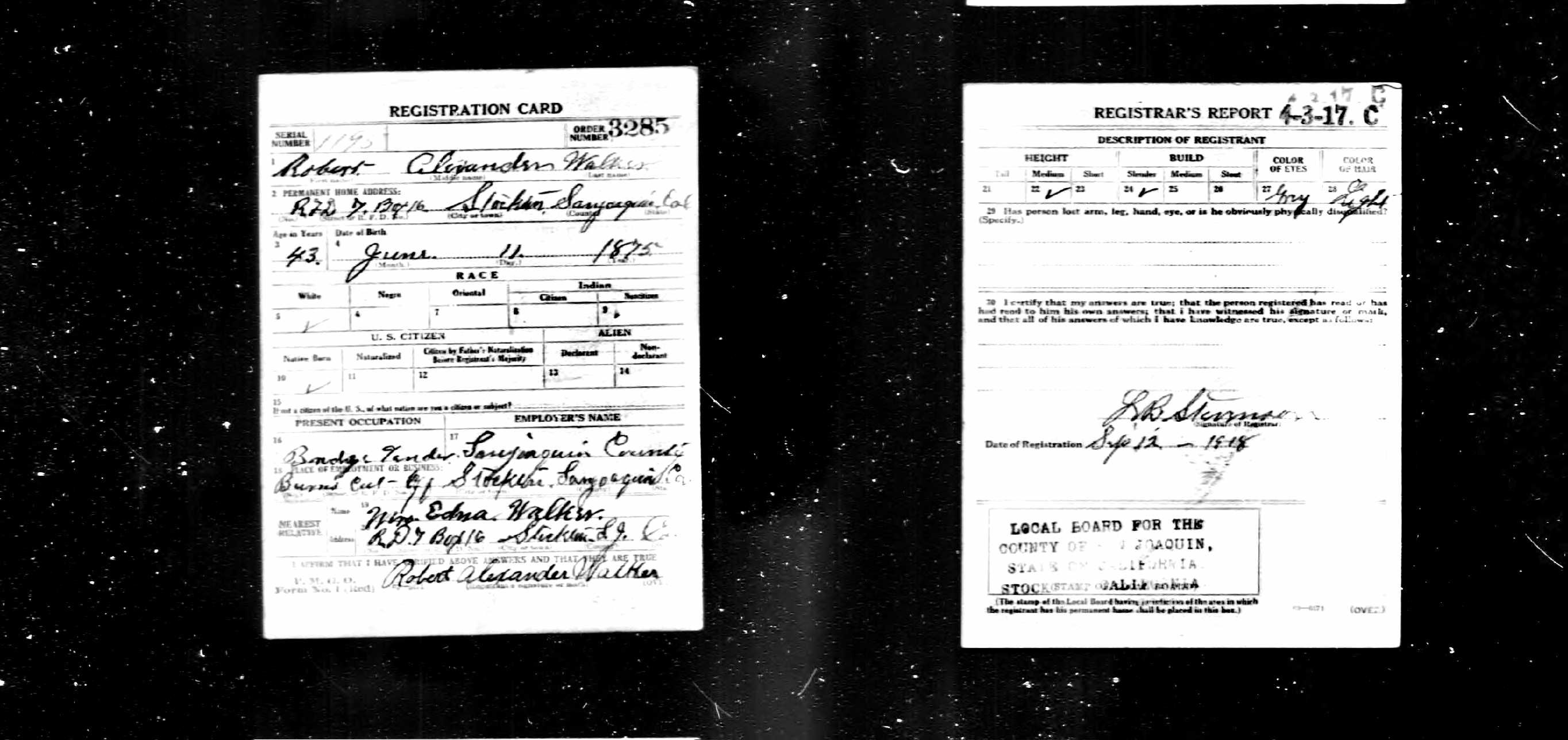 Robert Alexander Walker, WWI draft registration, 1918, San Joaquin County, California