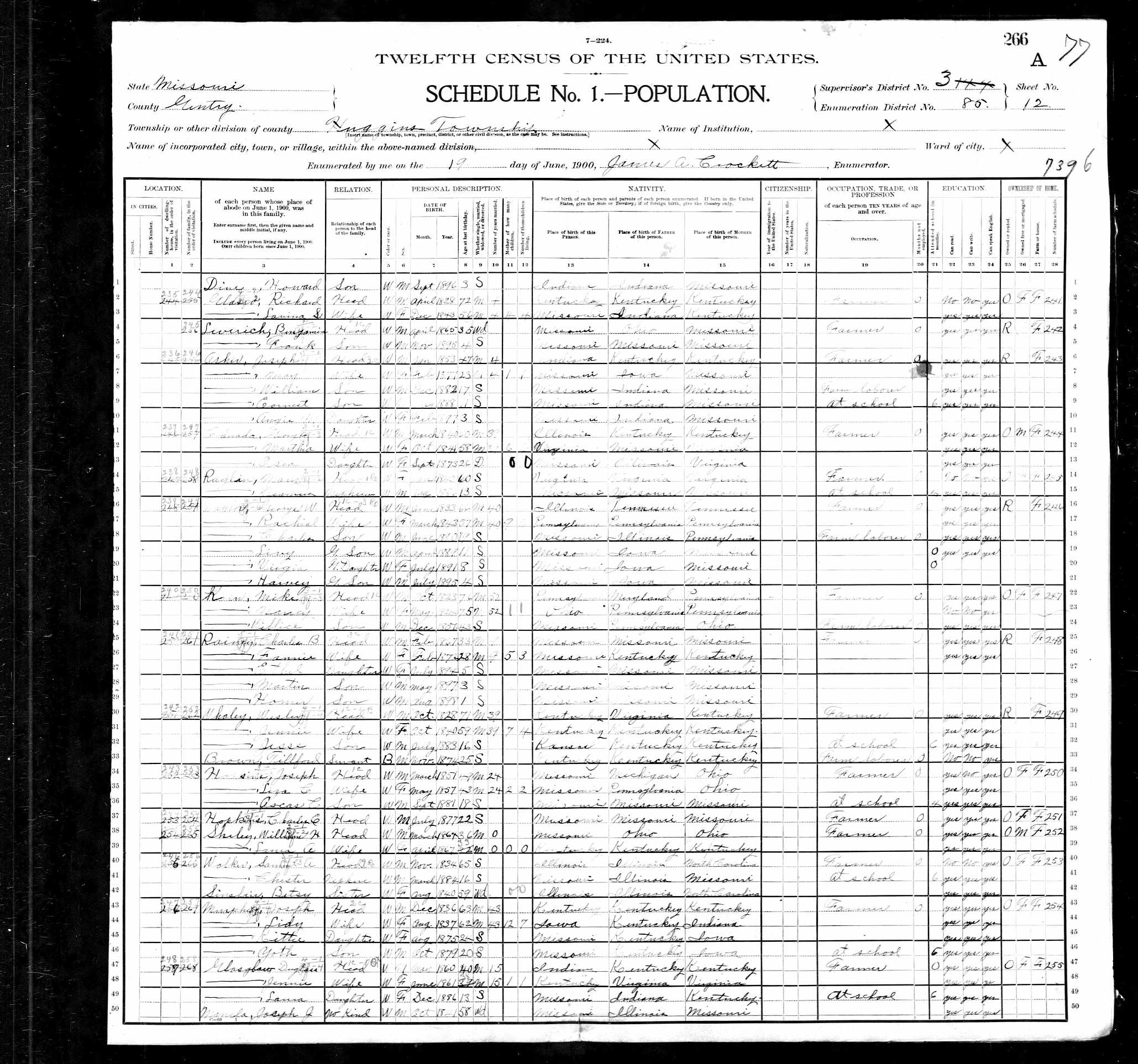 Samuel A. Walker (son of Philip V. Walker), 1900 Gentry County, Missouri, census
