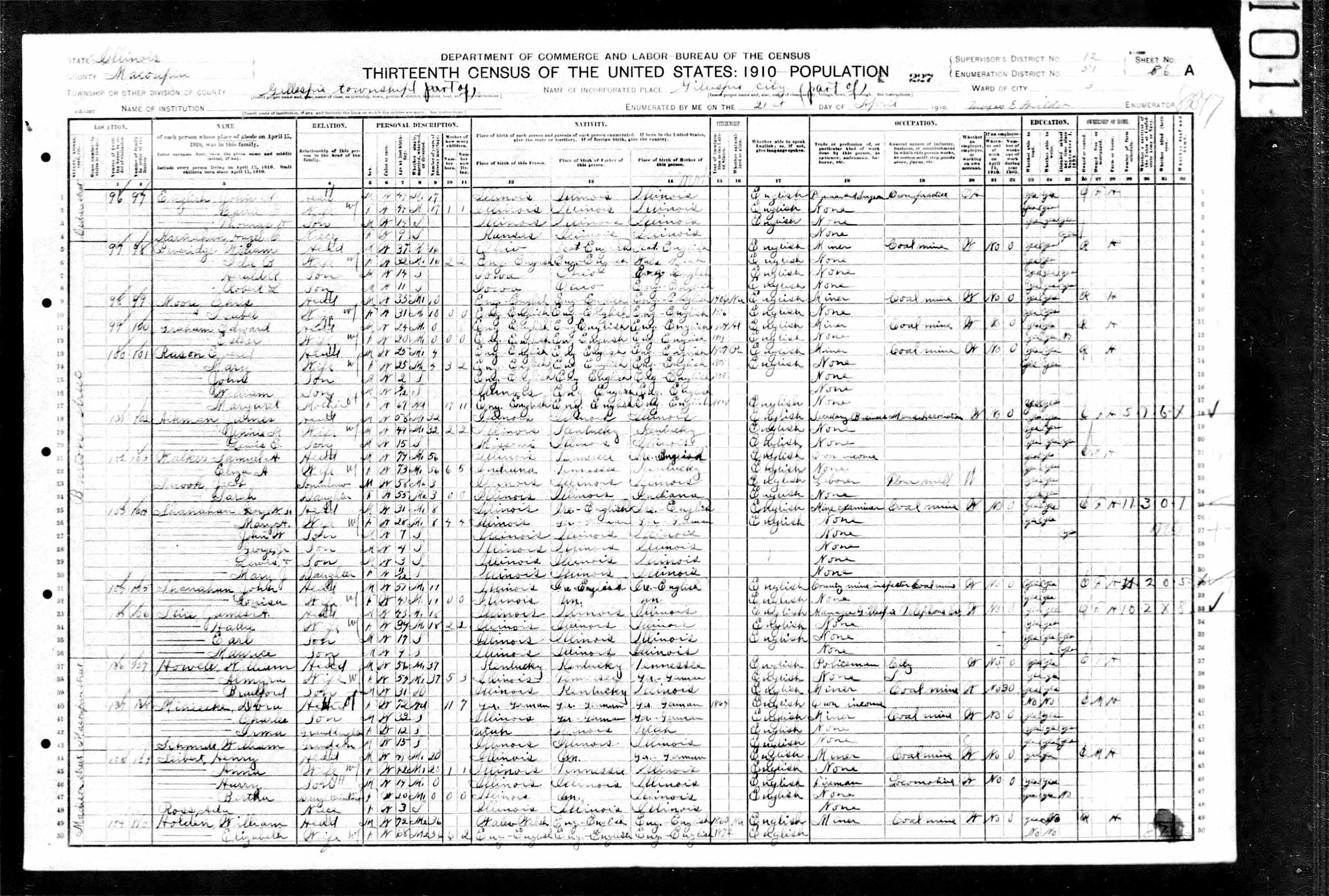 Samuel Walker (possibly son of Jacob and Agnes), 1910 Macoupin County, Illinois, census