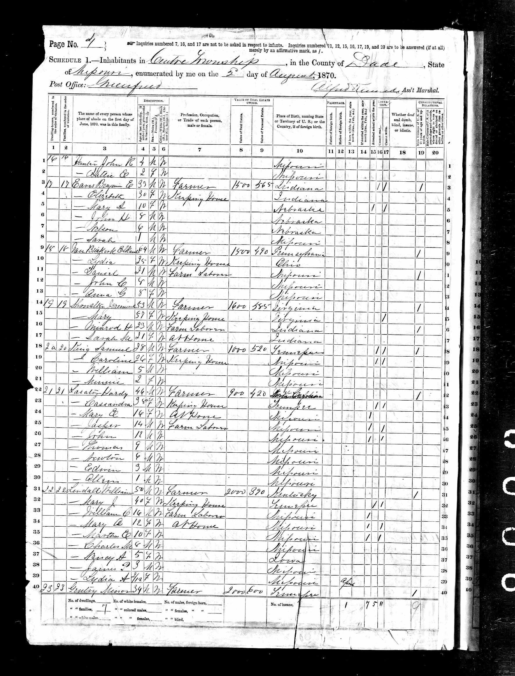 Hardy and Sarah C. (Walker) Lasater, 1870 Dade County, Missouri, census