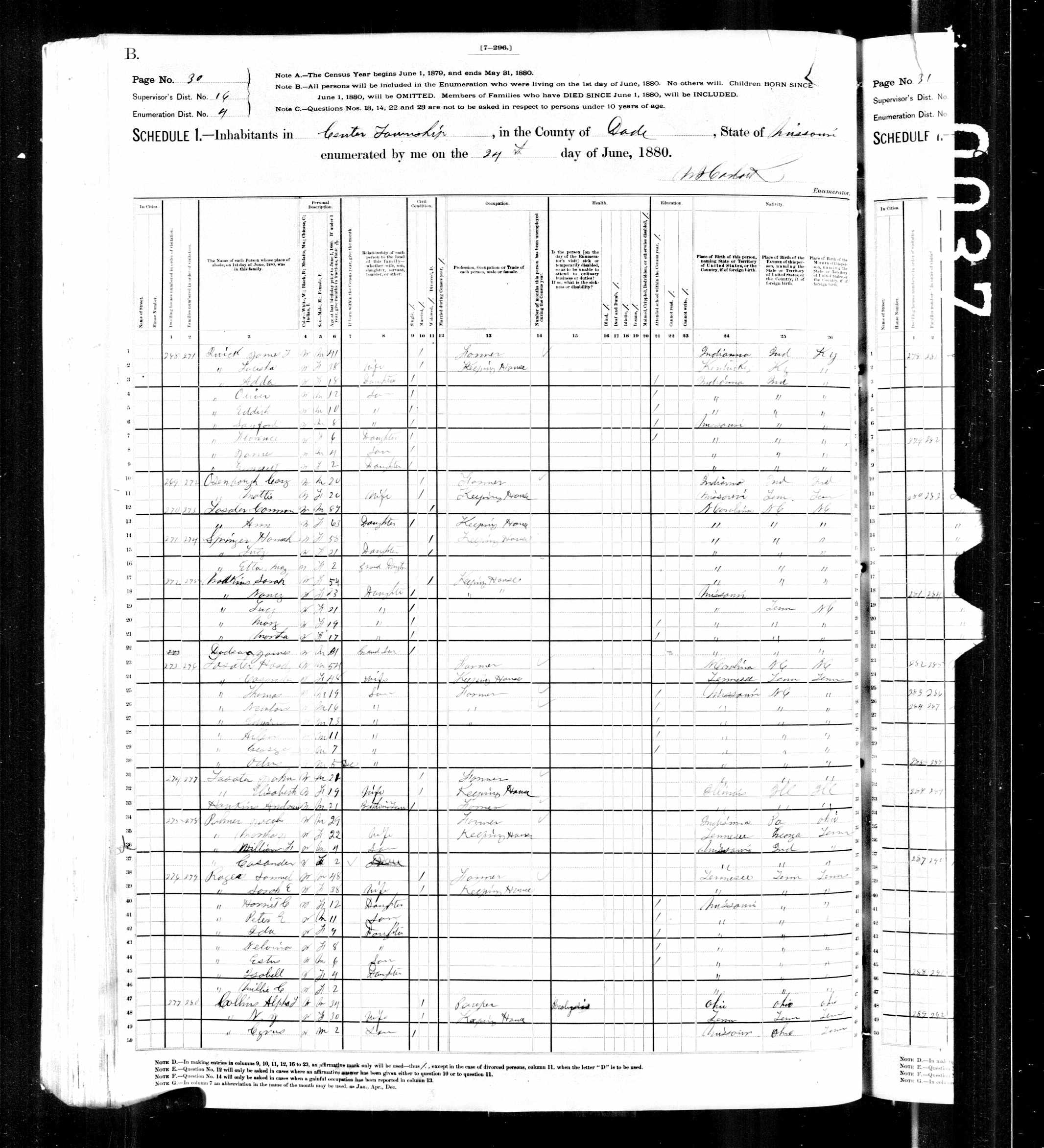 Hardy and Sarah C. 'Cassie' (Walker) Lasater, 1880 Dade County, Missouri, census
