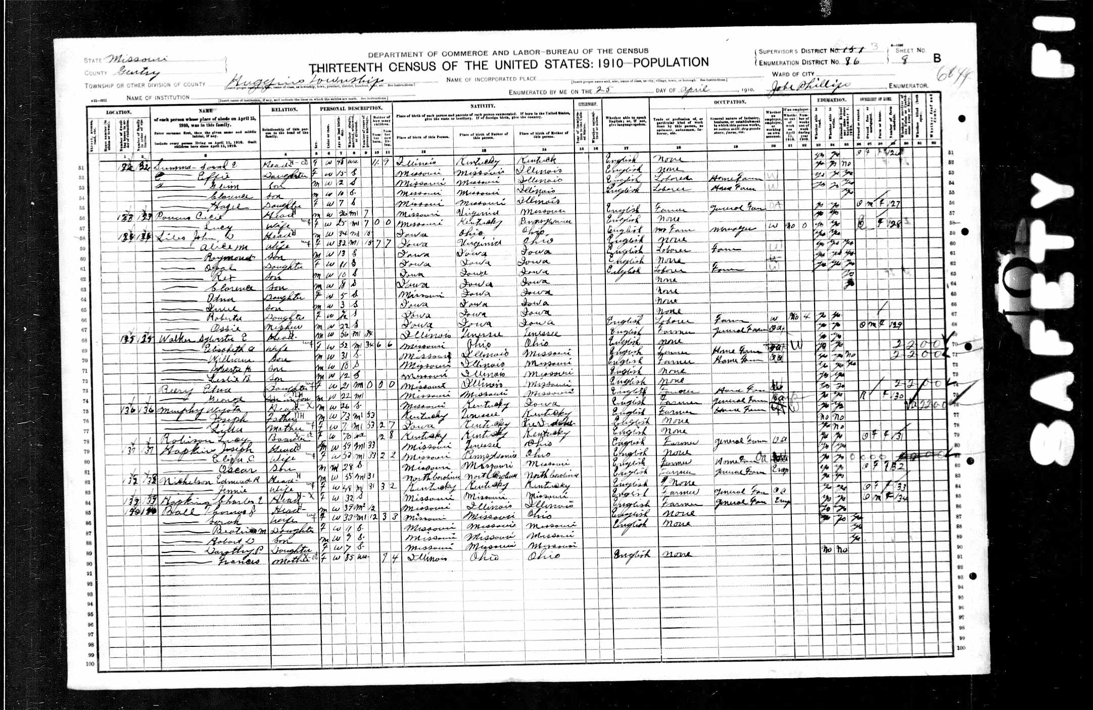 Sylvester Elliott Walker, 1910 Gentry County, Missouri, census