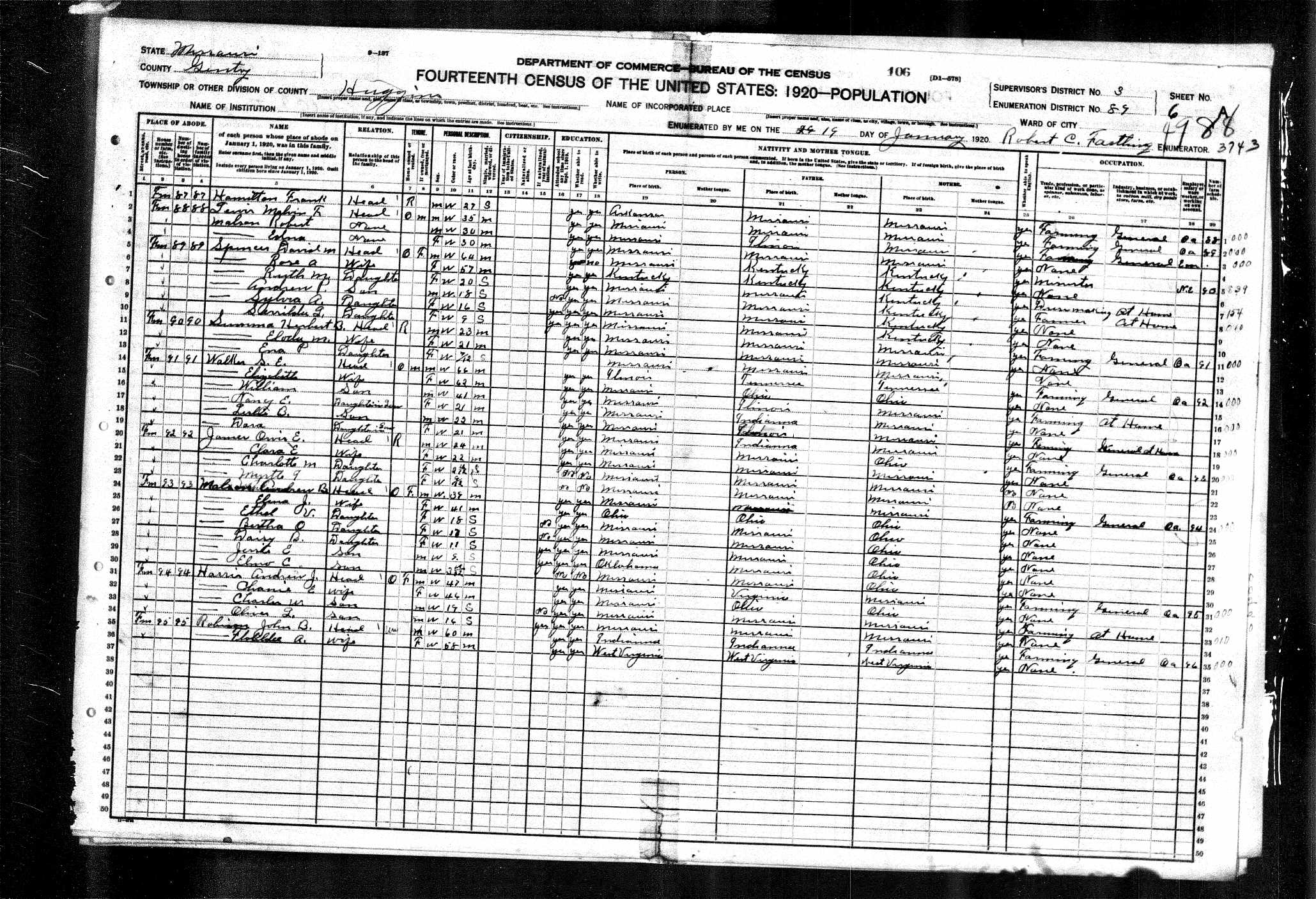 Sylvester Elliott Walker, 1920 Gentry County, Missouri, census