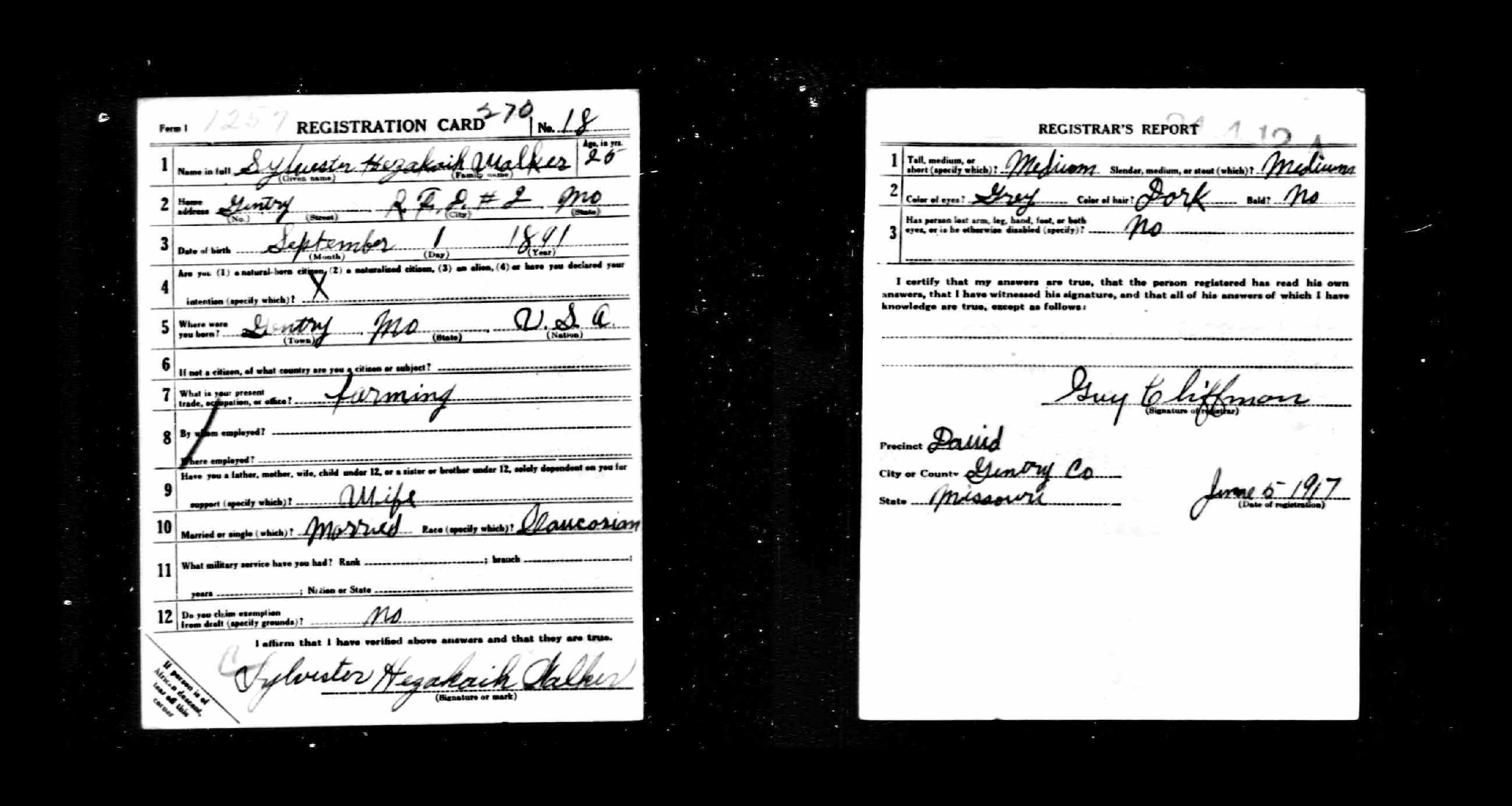 Sylvester Hezekiah Walker, WWI draft registration, 1917, Gentry County, MIssouri