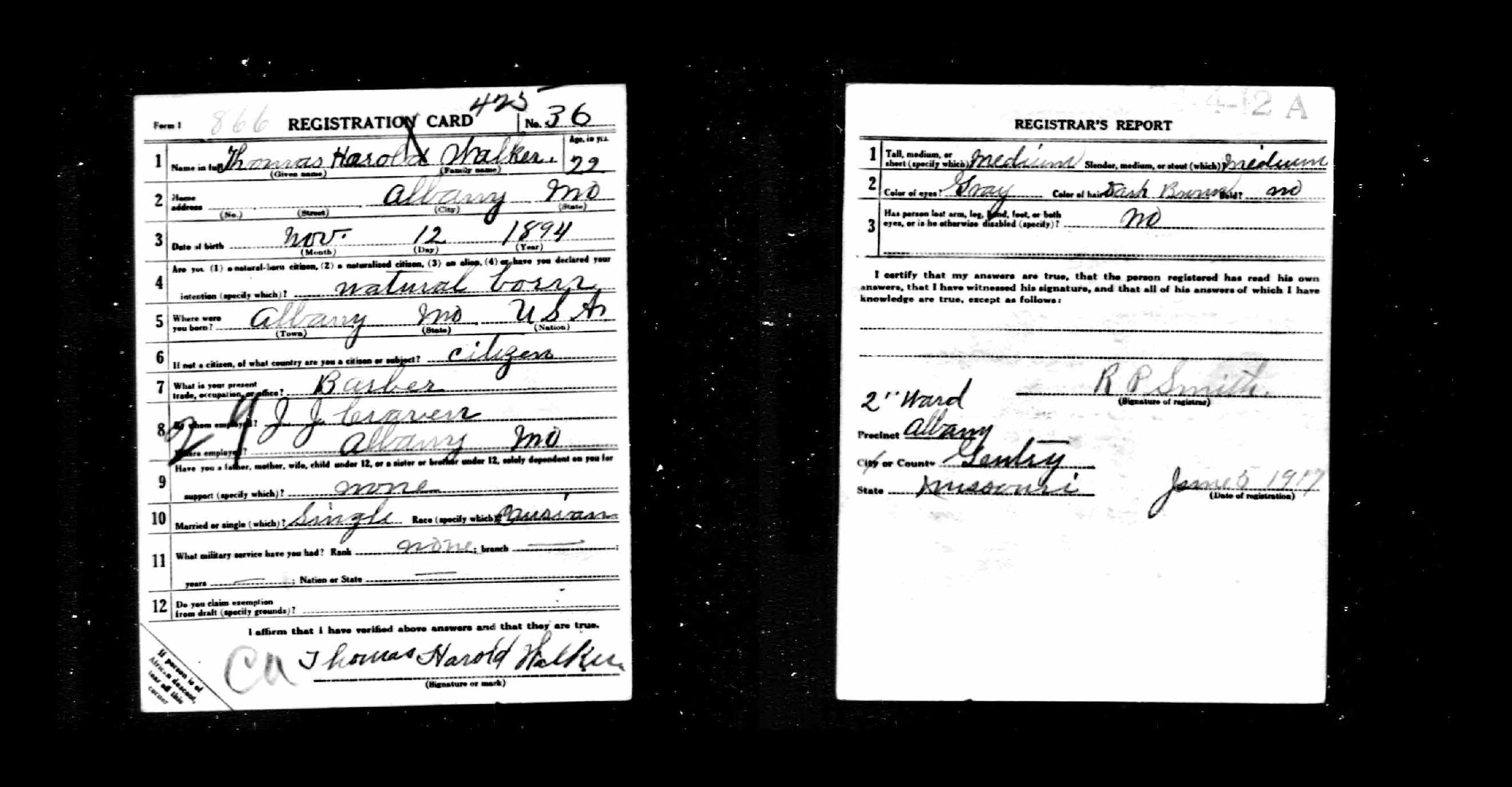 Thomas Harold Walker (son of Edward W. Walker), WWI draft registration, Gentry County, Missouri
