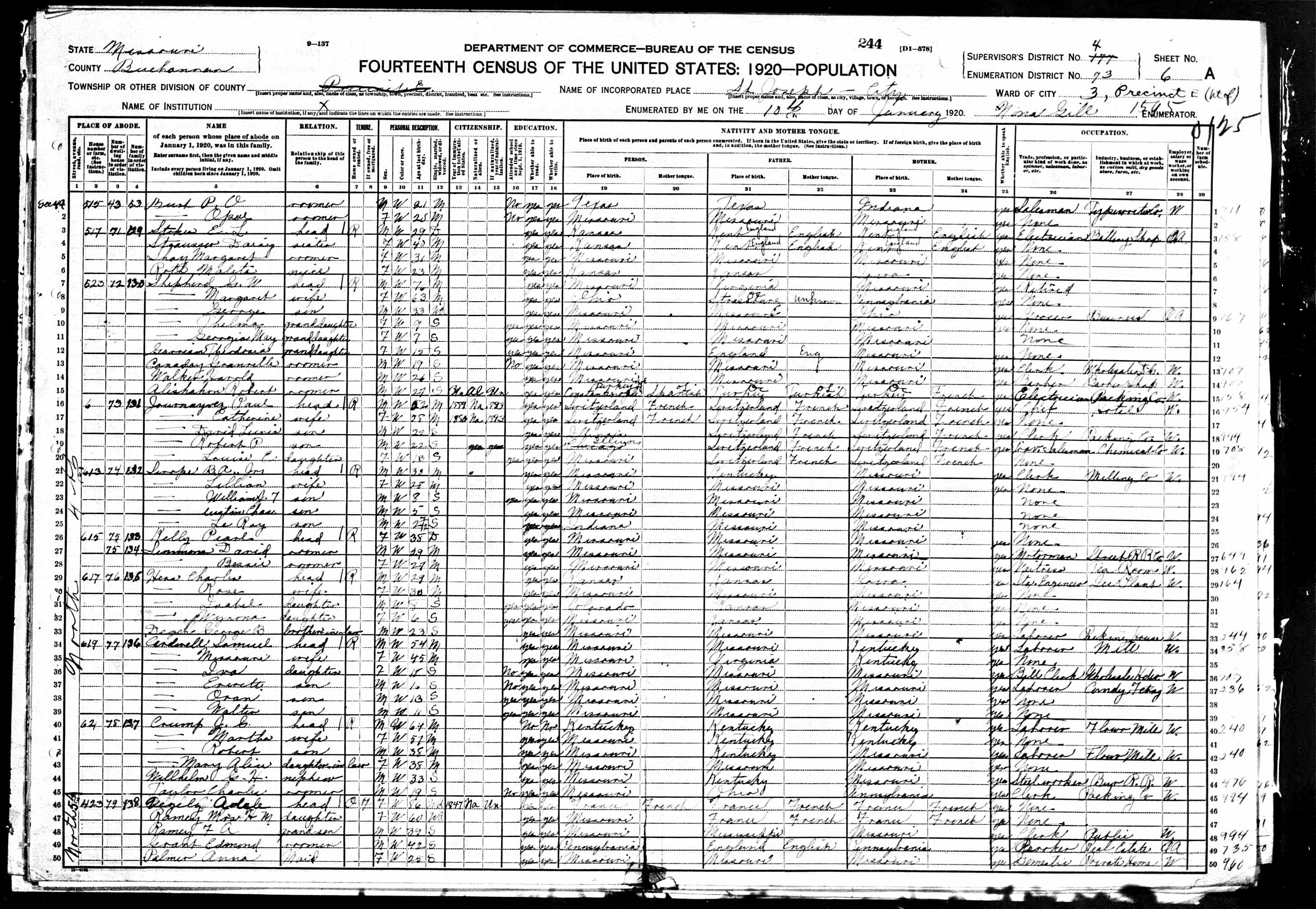 Thomas Harold Walker, 1920 Buchanan County, Missouri, census