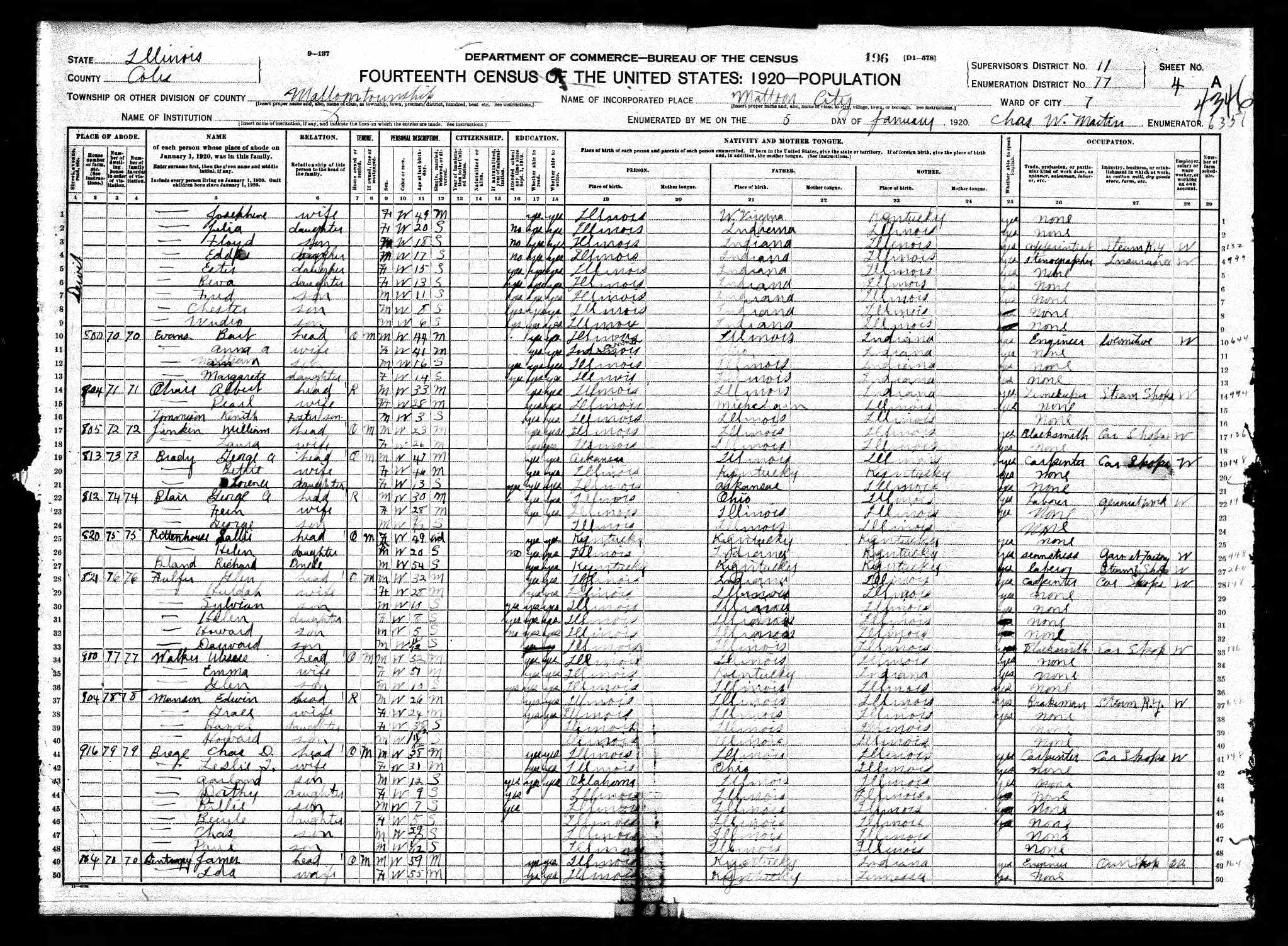 Ulysses S. and Emma (Senteney) Walker, 1920 Coles County, Illinois, census