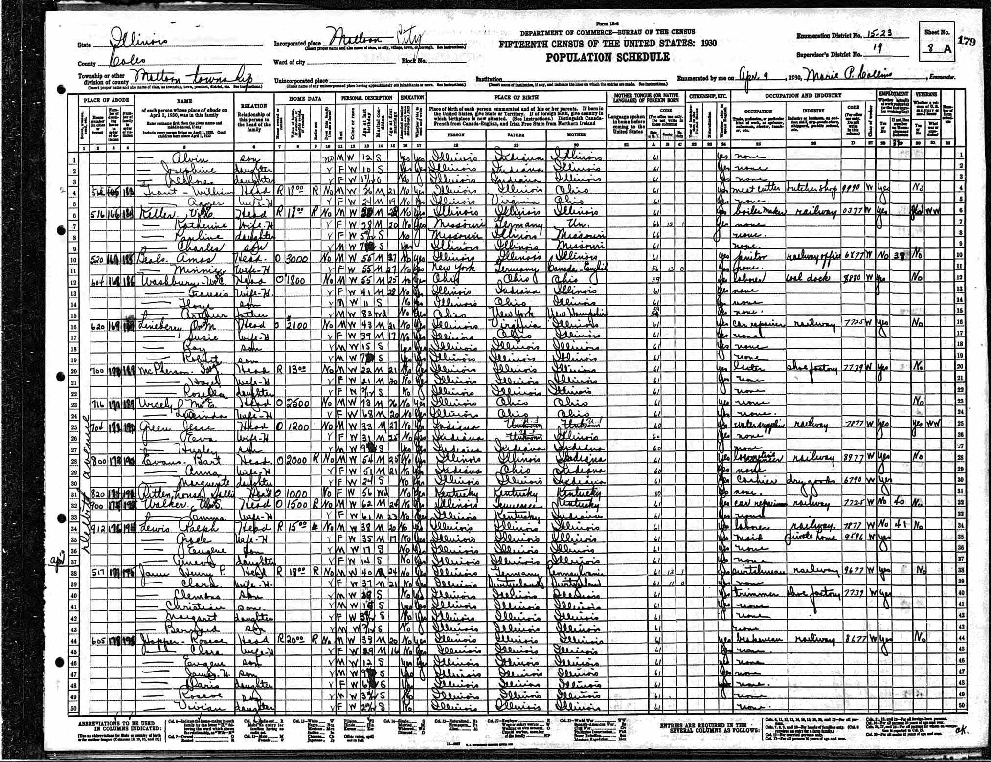 Ulysses S. and Emma (Senteney) Walker, 1930 Coles County, Illinois, census
