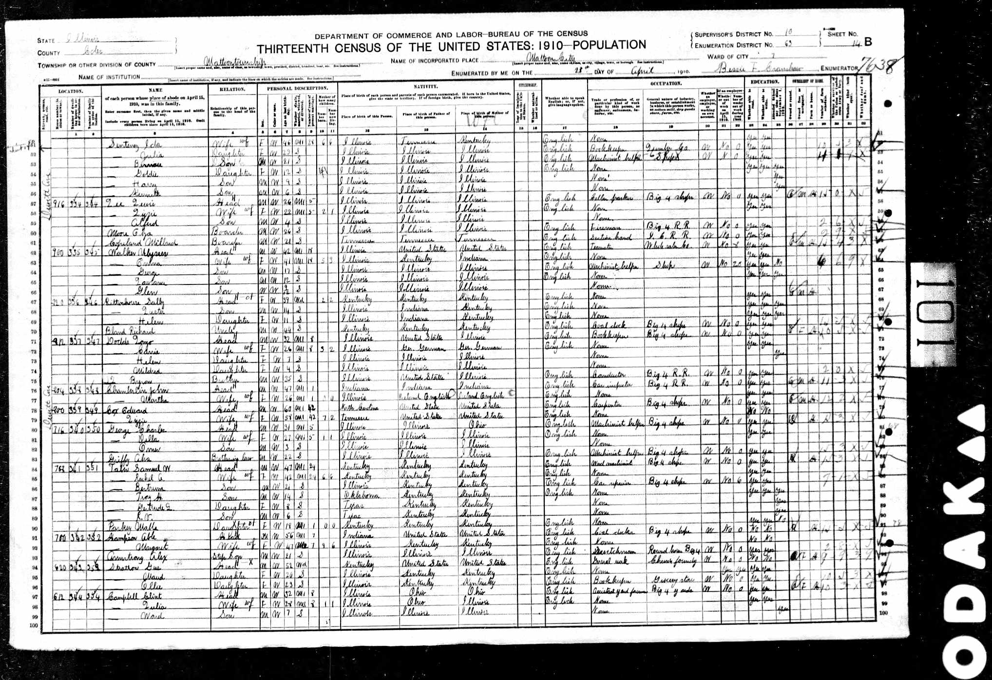 Ulysses S. and Emma (Senteney) Walker, 1910 Coles County, Illinois, census