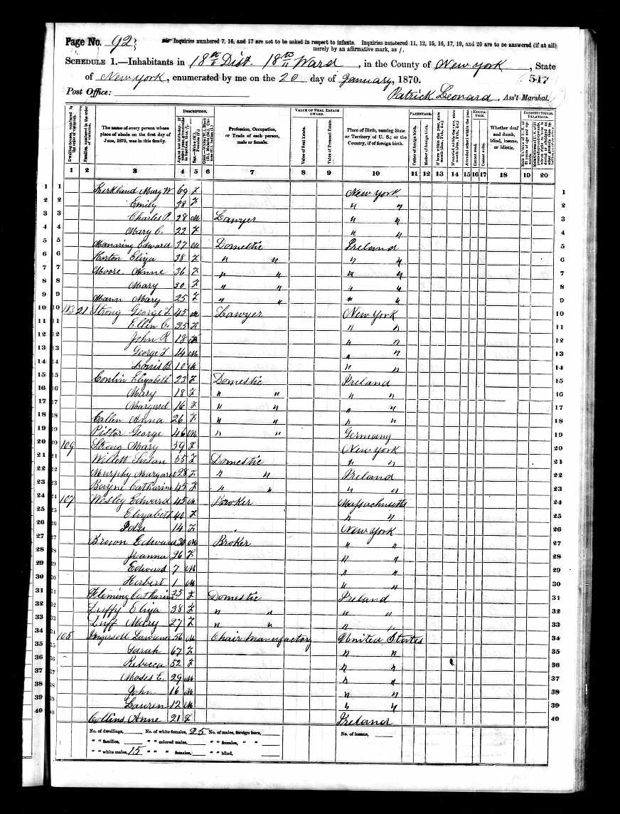 Edward B. Wesley, census 1870, New York, New York (Lexington Avenue)