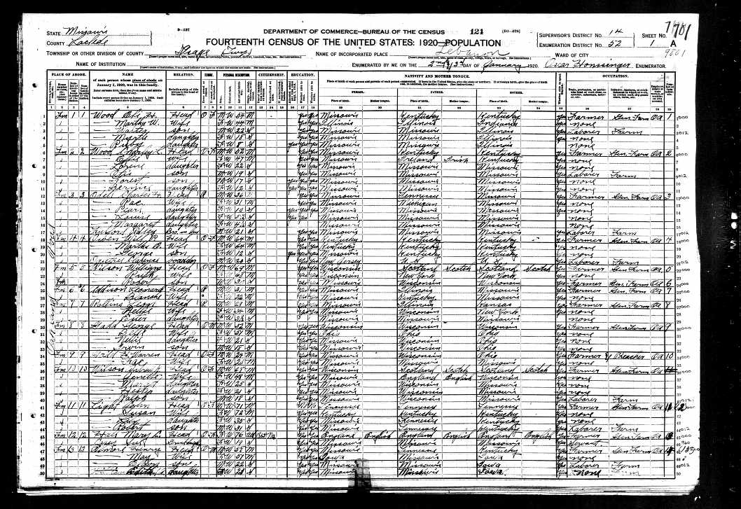 Charles L. Wood, 1920 Laclede County, Missouri, census