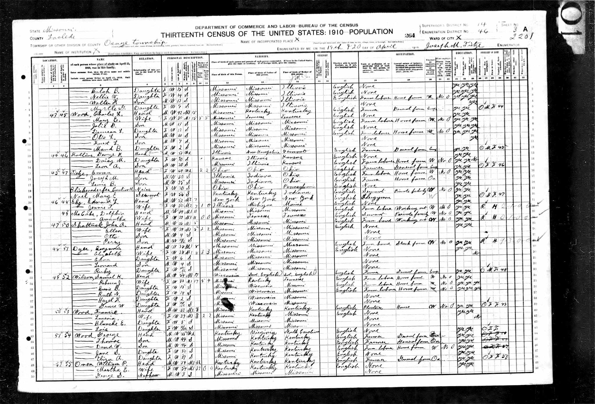 Charles L. Wood, 1910 Laclede County, Missouri, census
