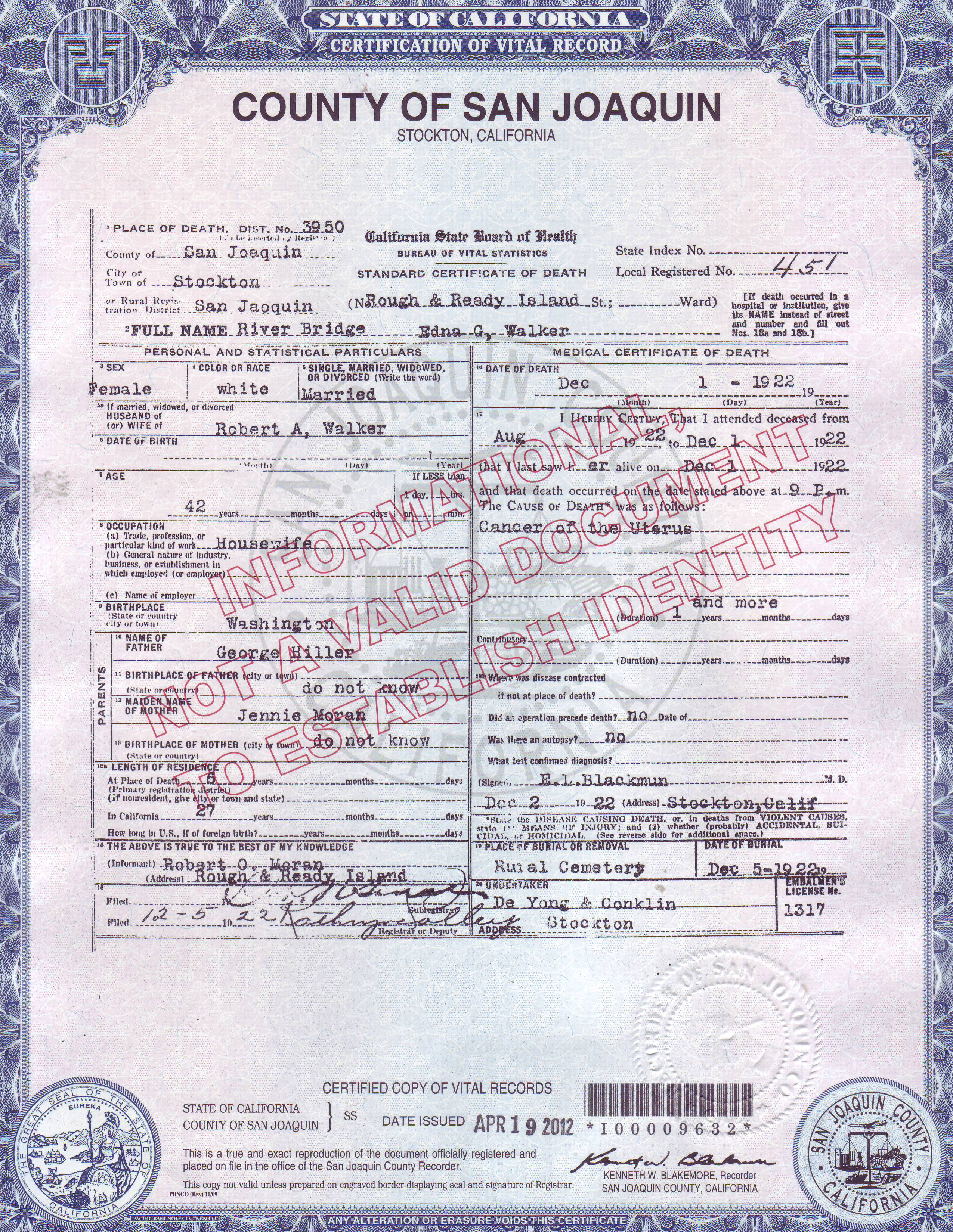 Edna G. (Hiller) Walker, death certificate, 1922, San Joaquin County, California